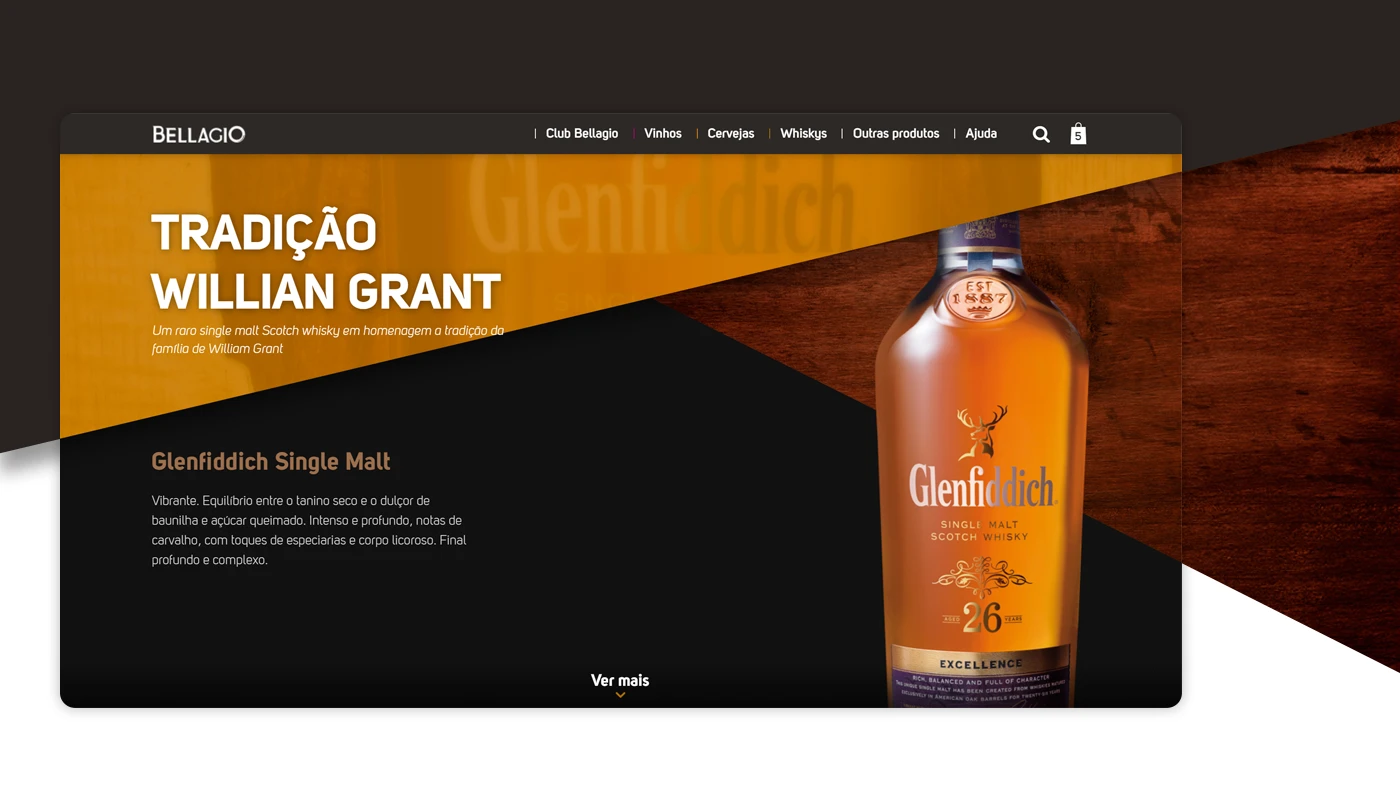 Página editorial da linha Glenfiddich com a cor âmbar da categoria whisky