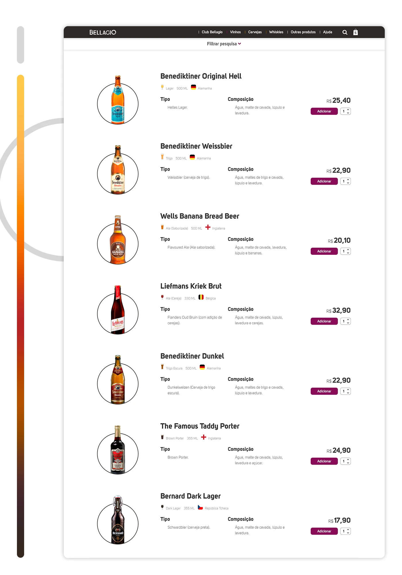 Listagem de cervejas mostrando tipo e composição de cada rótulo
