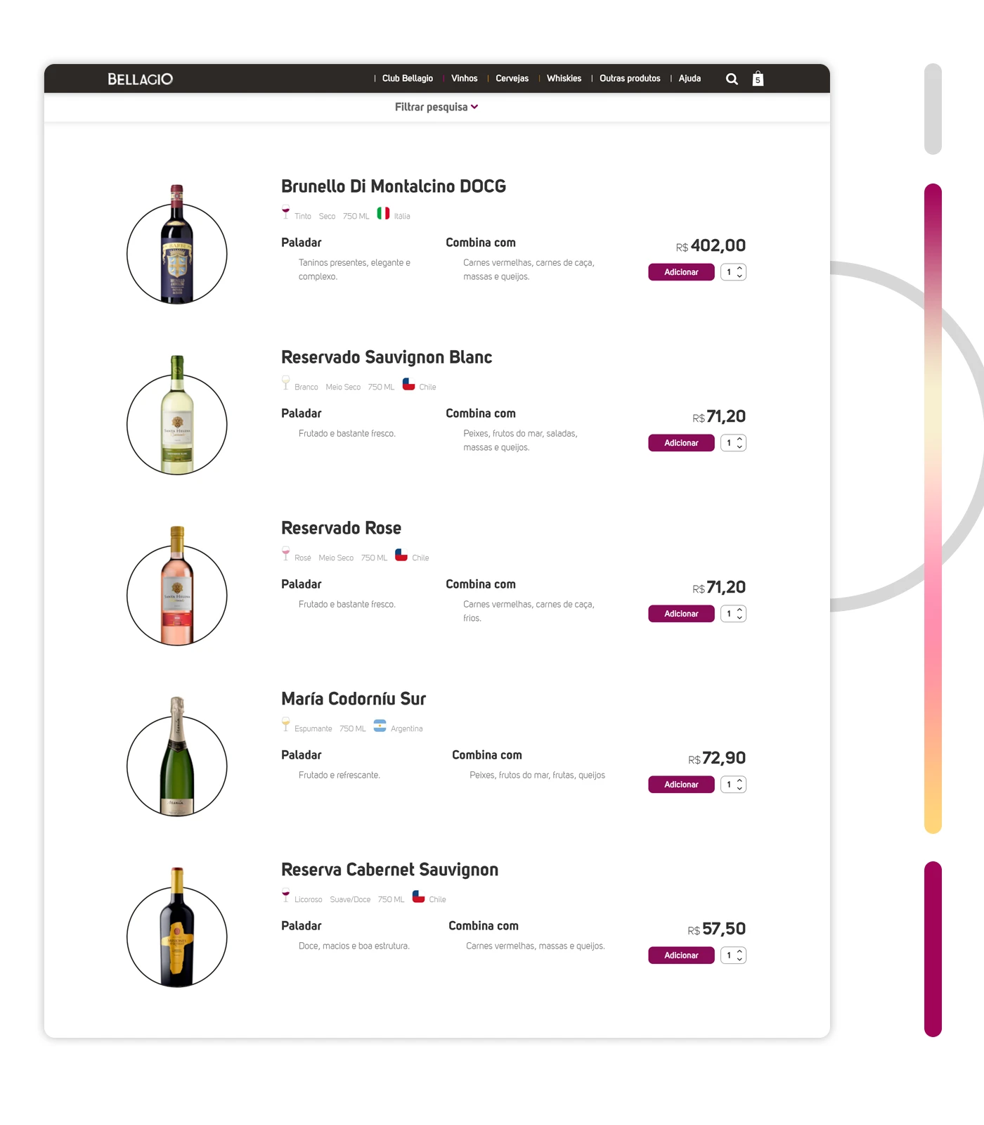 Listagem de vinhos mostrando paladar e harmonização de cada rótulo