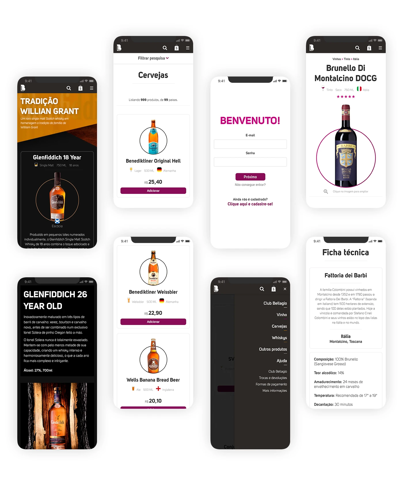 Conjunto de telas mobile do Bellagio: listagem, produto, login e menu