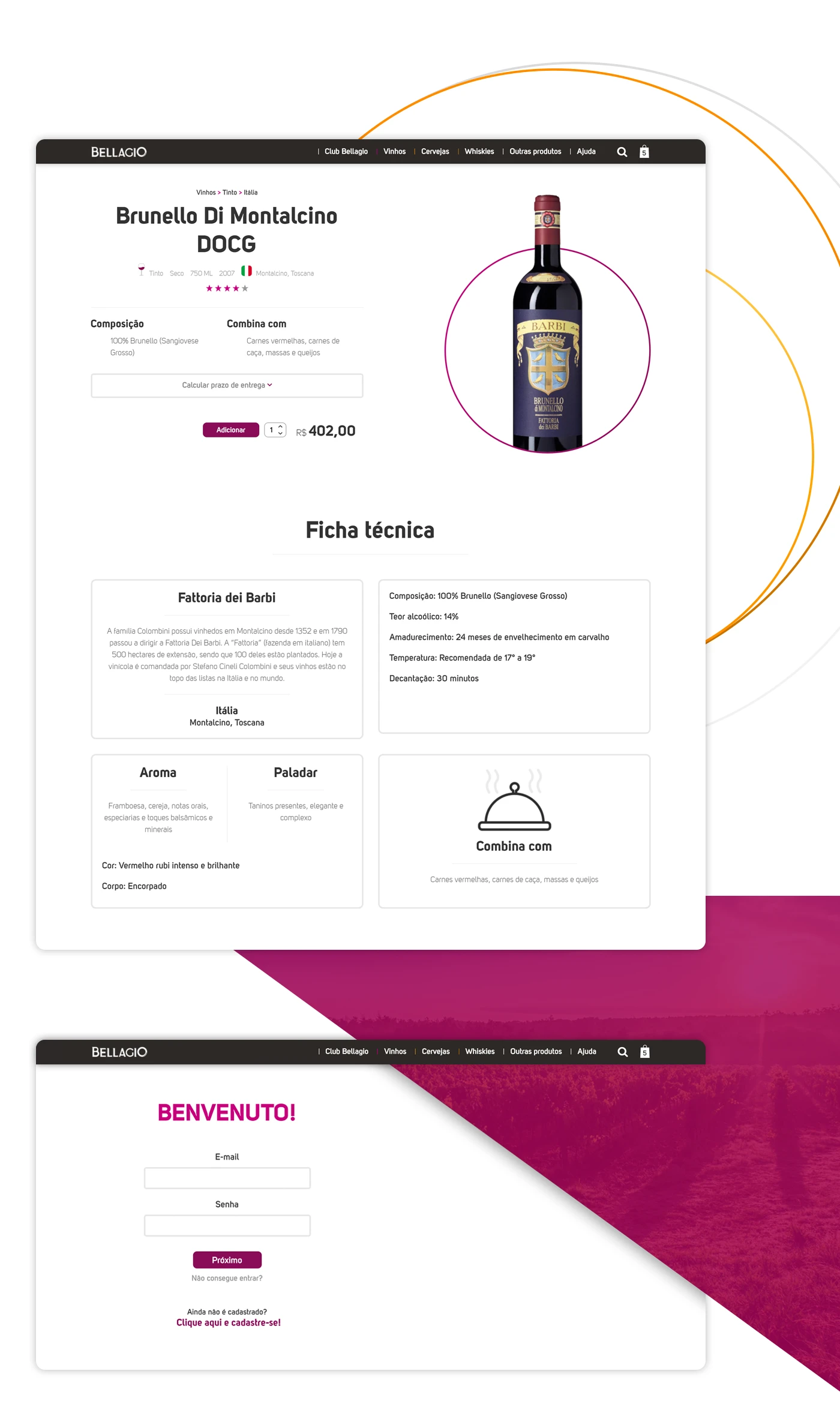 Página de produto do Brunello Di Montalcino com ficha técnica, e tela de login do Club Bellagio