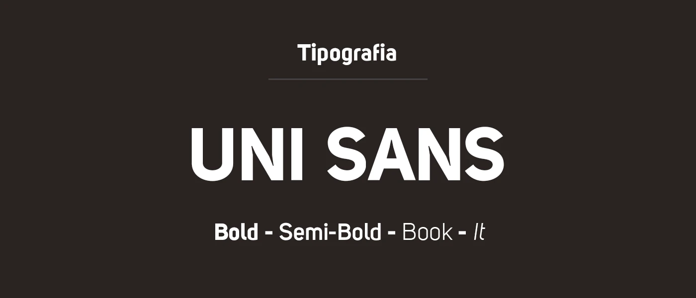 Especificação da tipografia Uni Sans em Bold, Semi-Bold, Book e Itálico