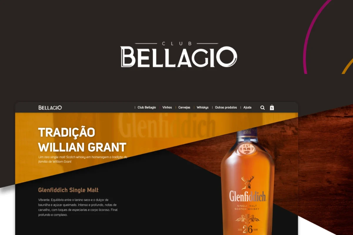Capa do Bellagio: a marca Club Bellagio sobre grafite, com a página editorial da linha Glenfiddich