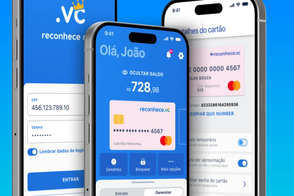 Capa do Reconhece Card: três telas do aplicativo — login, tela inicial com saldo e cartão, e detalhes do cartão com a ação de copiar o QUI! Number