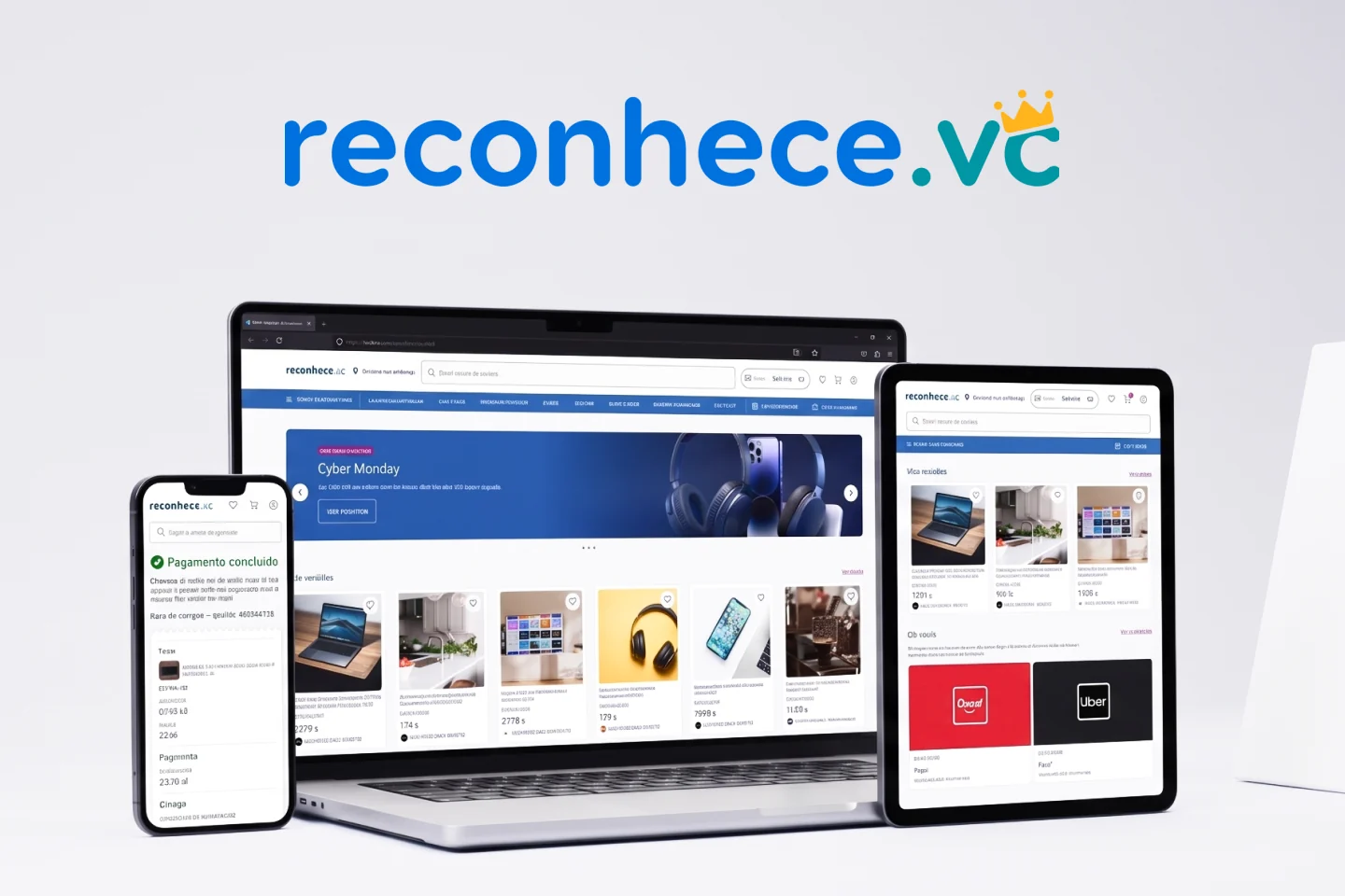 Capa da loja de resgate do Reconhece: notebook, tablet e celular exibindo a vitrine da loja e o comprovante de pagamento, sob a marca reconhece.vc