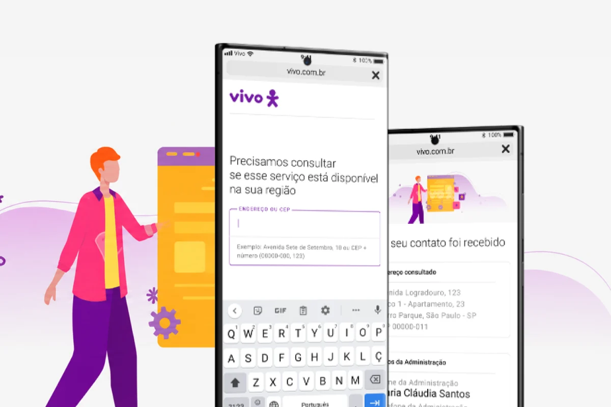 Capa do Vivo Fixa: dois celulares com a consulta de disponibilidade por CEP e a confirmação de contato