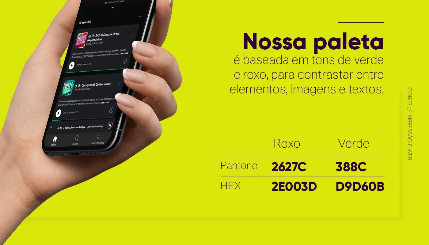 Especificação da paleta em Pantone 2627C e 388C com os HEX correspondentes