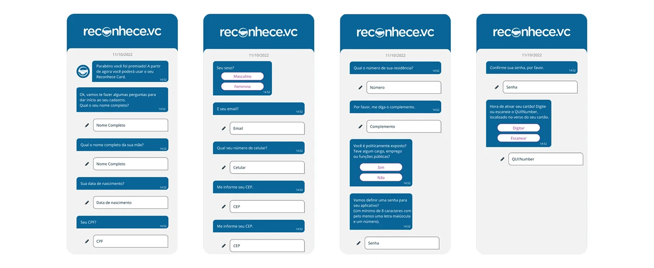 Quatro telas do cadastro antigo em formato de chat, perguntando nome, nome da mãe, data de nascimento, CPF, sexo, e-mail, celular, CEP, endereço, exposição política, senha e QUI! Number
