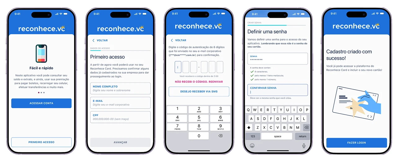Cinco telas do novo primeiro acesso: apresentação do app, campos de nome, e-mail corporativo e CPF, código de seis dígitos, criação de senha e confirmação de cadastro