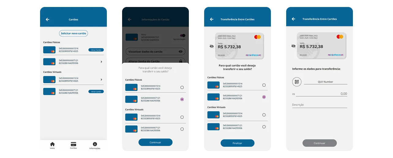 Quatro telas antigas de transferência entre cartões, com o QUI! Number e o número do cartão exibidos juntos, no mesmo peso e sem rótulo que os diferencie