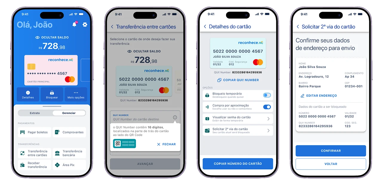 Quatro telas novas: início, transferência com o modal explicando que o QUI! Number tem 16 dígitos no verso do cartão, detalhes com botões de copiar separados, e confirmação de endereço para segunda via