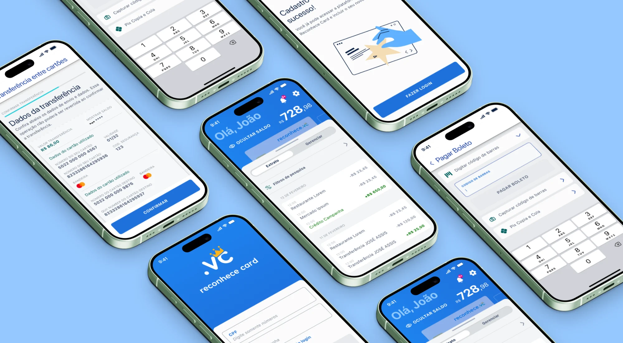 Composição com várias telas do aplicativo: confirmação de transferência entre cartões, teclado de Pix, cadastro concluído, tela inicial com extrato, pagamento de boleto e abertura do Reconhece Card