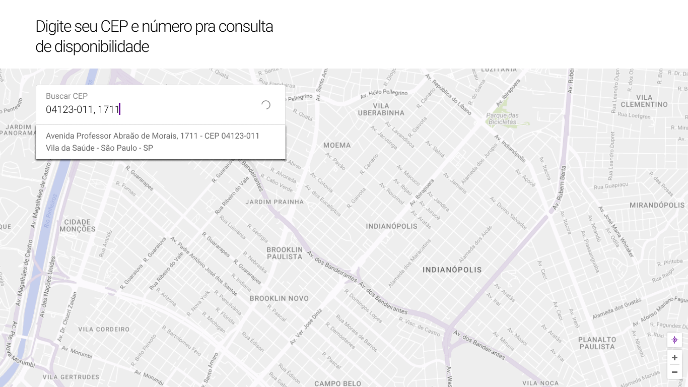 Tela de consulta de endereço no desktop, com o campo de CEP preenchido e a lista de sugestões do autocompletar aberta