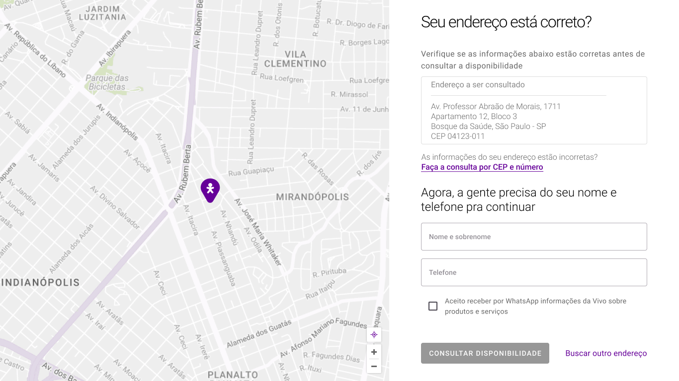 Tela de confirmação de endereço com os campos de bloco e apartamento separados