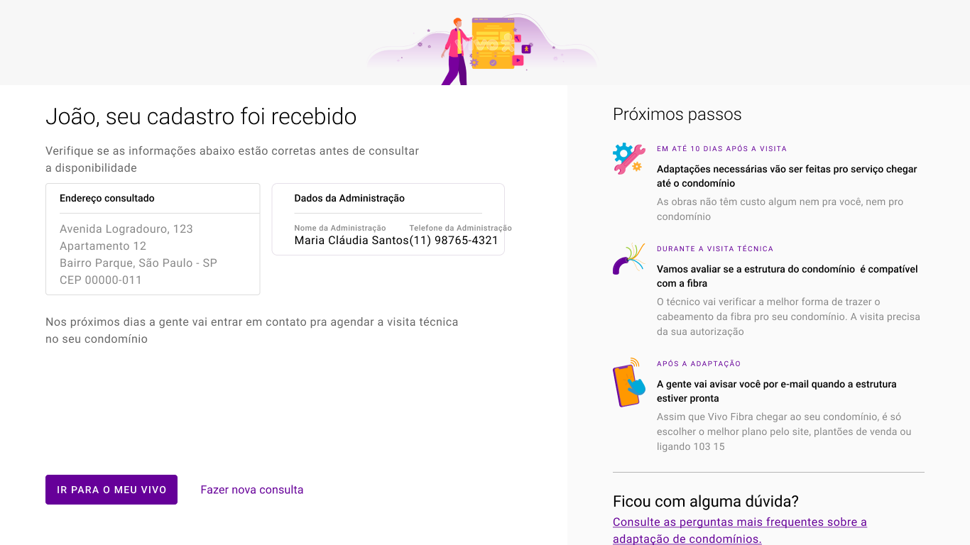Tela de quebra comercial: o endereço tem cobertura, mas falta contrato com a administração do condomínio