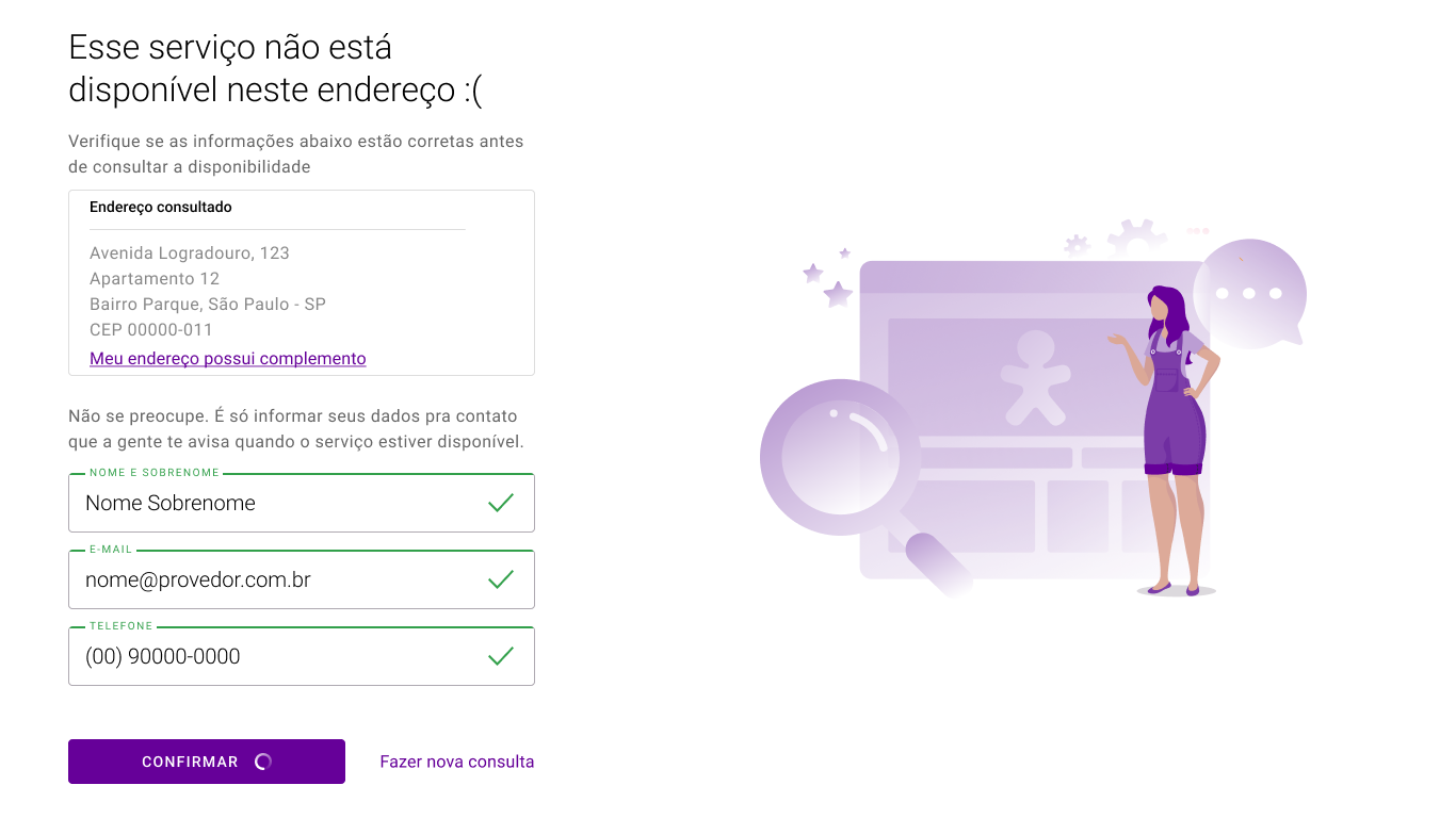Tela de endereço sem cobertura, com o campo para deixar contato e ser avisado quando o serviço chegar