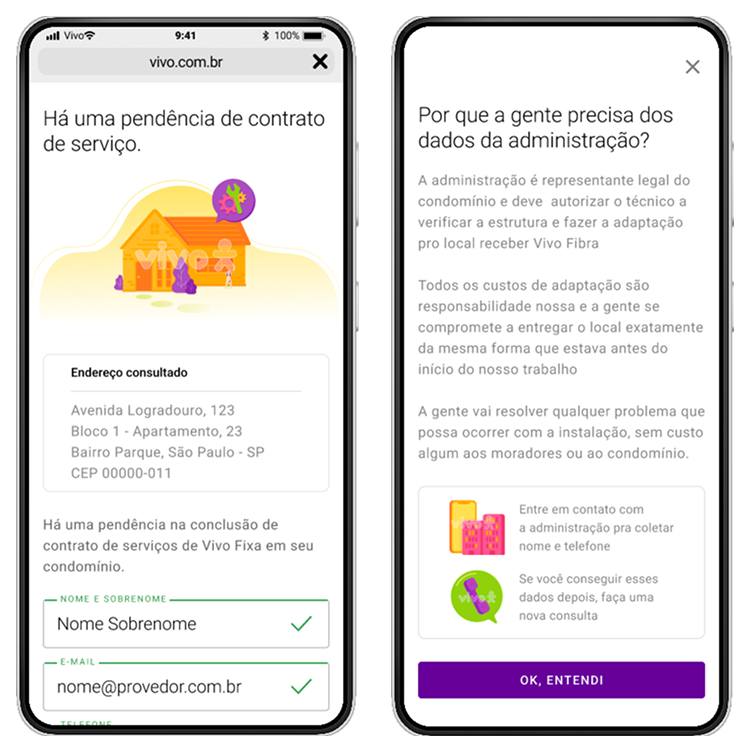 As telas do estado de quebra comercial: o aviso da pendência de contrato e o formulário com os dados da administração do condomínio