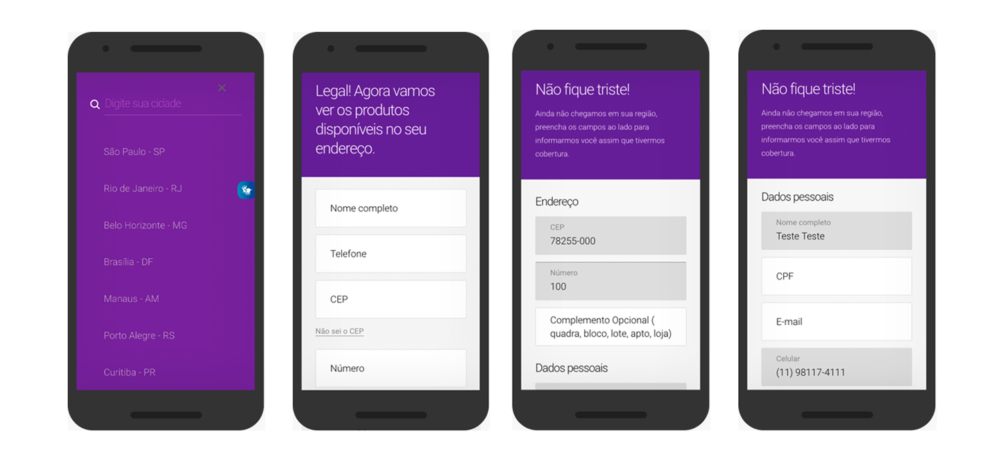 Quatro telas da consulta antiga: lista de cidades, formulário longo com nome, telefone, CEP e número, e a tela de indisponibilidade com o título Não fique triste